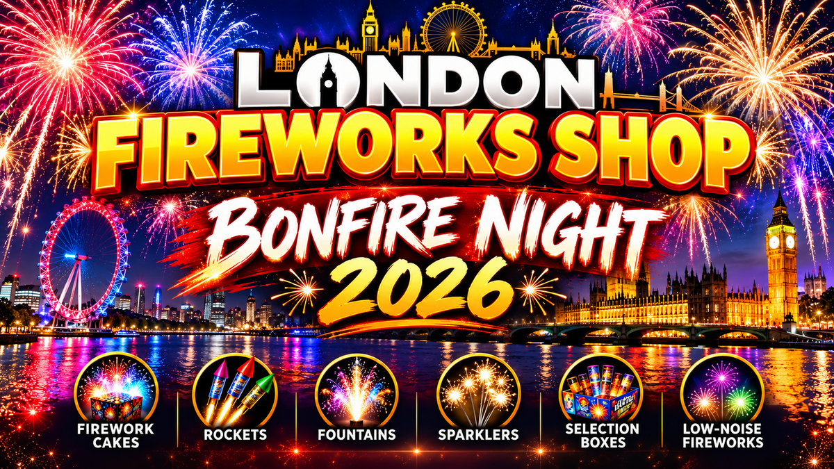 London Fireworks Shop Bonfire Night 2026 banner with bold FIREWORKS SHOP text and fireworks over London