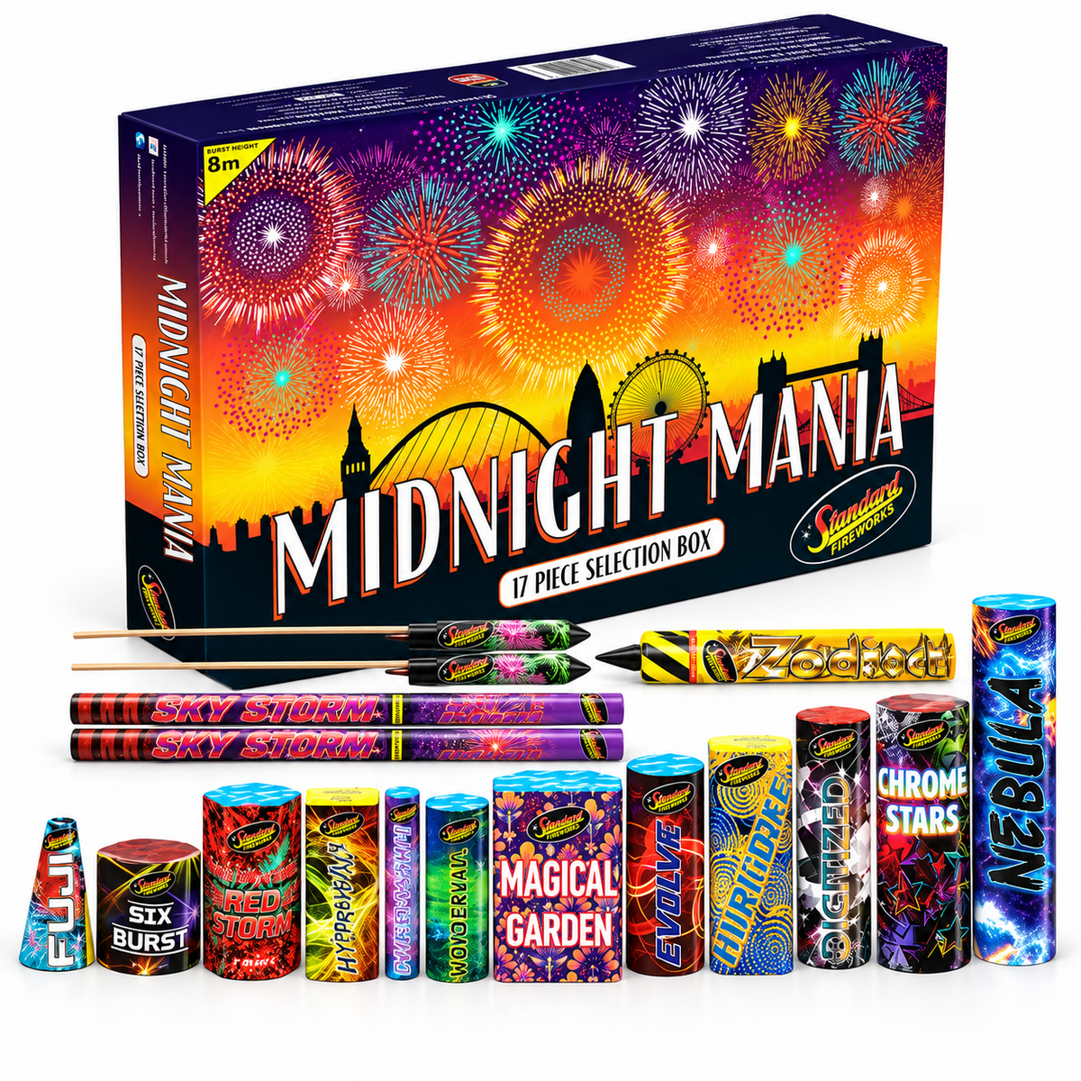 Midnight Mania 17 Piece Fireworks Selection Box by Standard Fireworks – London Fireworks Shop