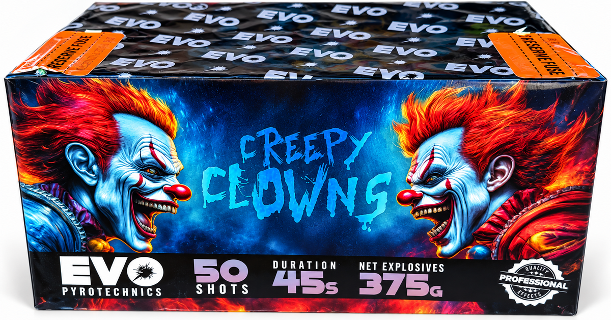 Creepy Clowns 50 Shot Barrage Cake by EVO Pyrotechnics – 45 seconds, 375g NEC