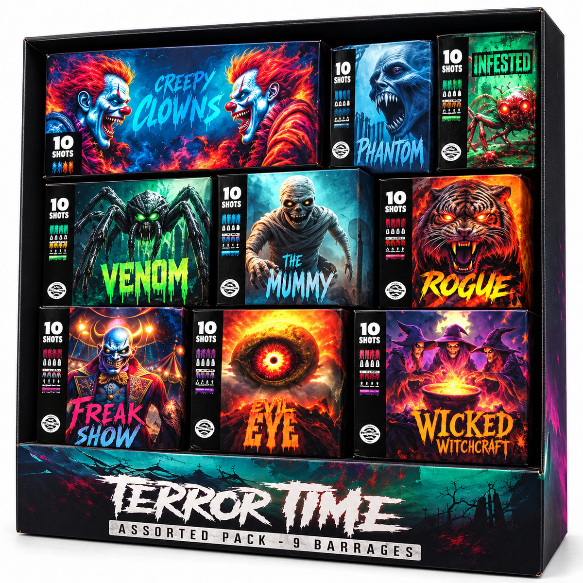 Terror Time 9 Barrage Fireworks Assortment Pack – upright front view