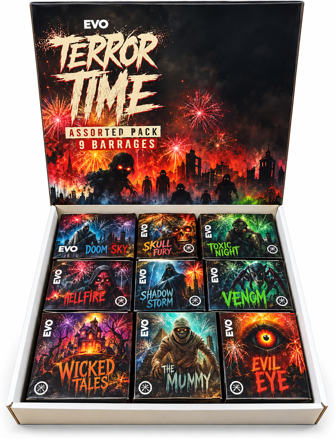 Terror Time 9 Barrage Fireworks Assortment Pack – open lid and contents